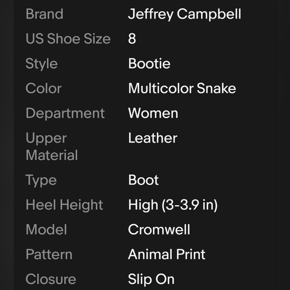 JEFFREY CAMPBELL Cromwell Snakeprint Leather Heeled Ankle Boots Size 8. EUC - Picture 16 of 16